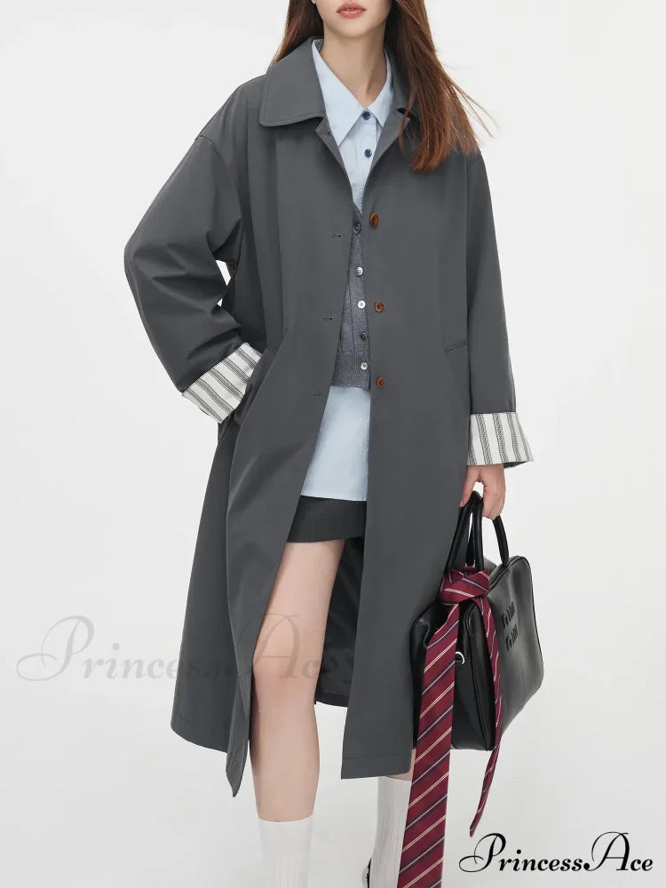 Single Breasted Korean Design Sense Contrasting Color Medium Long Stylish Coat Dark Grey / Xs