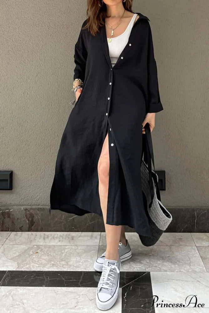 Single-Breasted Slit Shirt Dress In Solid Color Black / L Midi Dresses