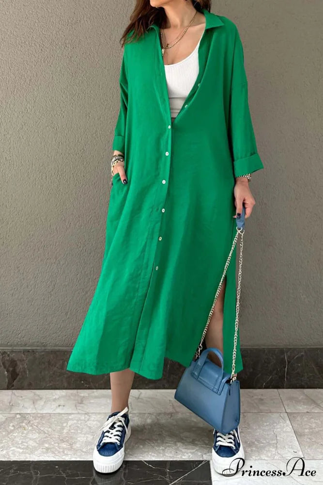 Single-Breasted Slit Shirt Dress In Solid Color Green / M Midi Dresses