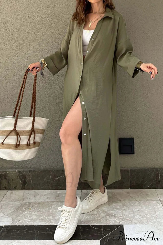 Single-Breasted Slit Shirt Dress In Solid Color Khaki / L Midi Dresses