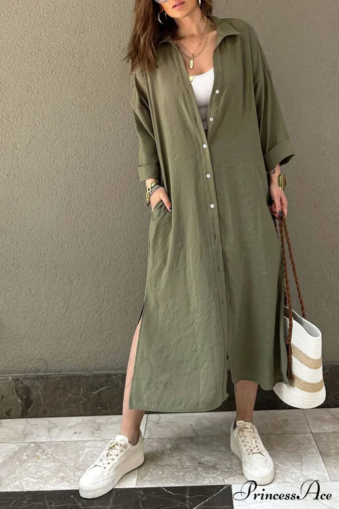 Single-Breasted Slit Shirt Dress In Solid Color Khaki / M Midi Dresses