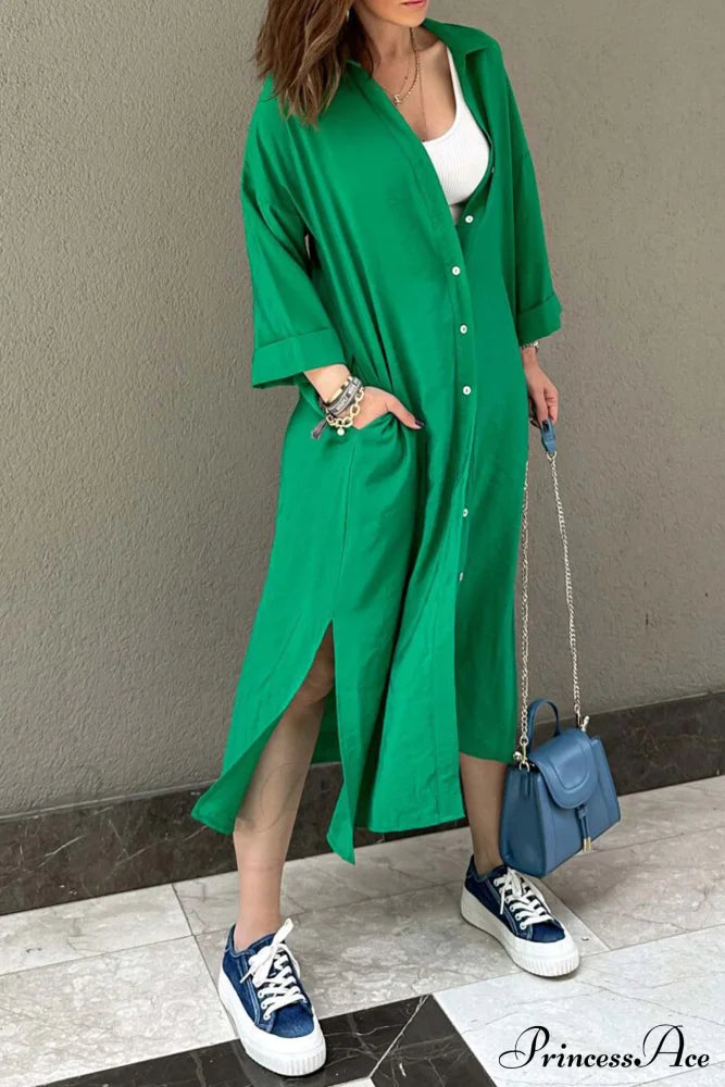 Single-Breasted Slit Shirt Dress In Solid Color Midi Dresses