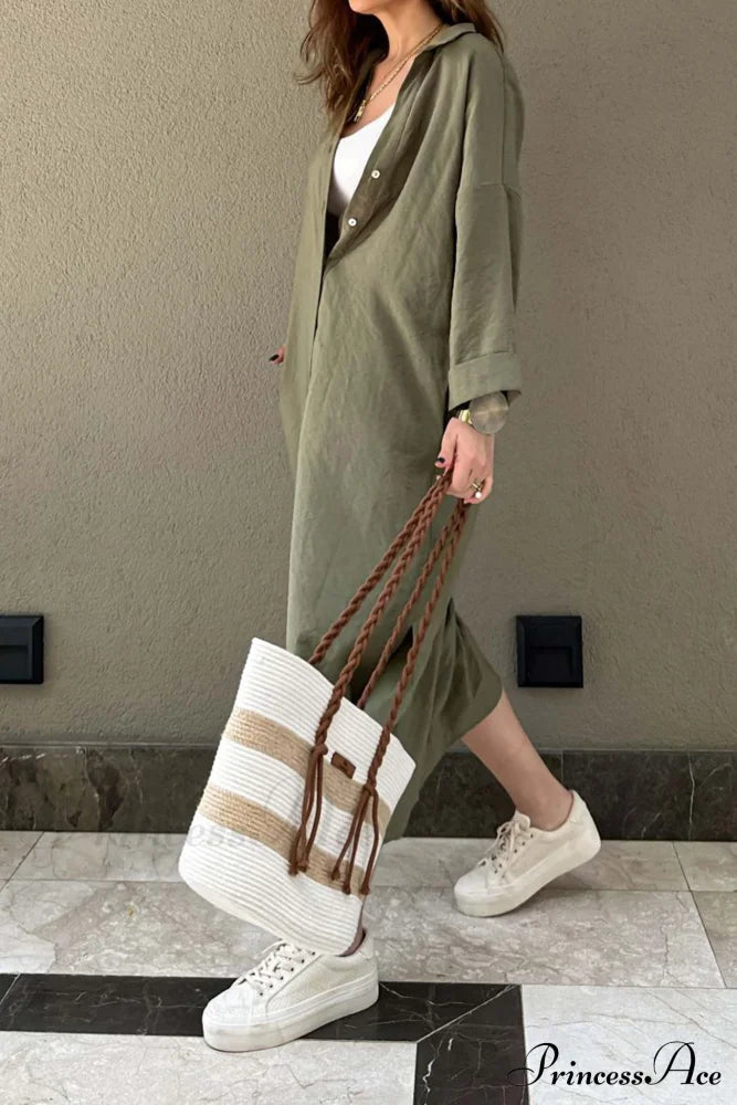 Single-Breasted Slit Shirt Dress In Solid Color Midi Dresses