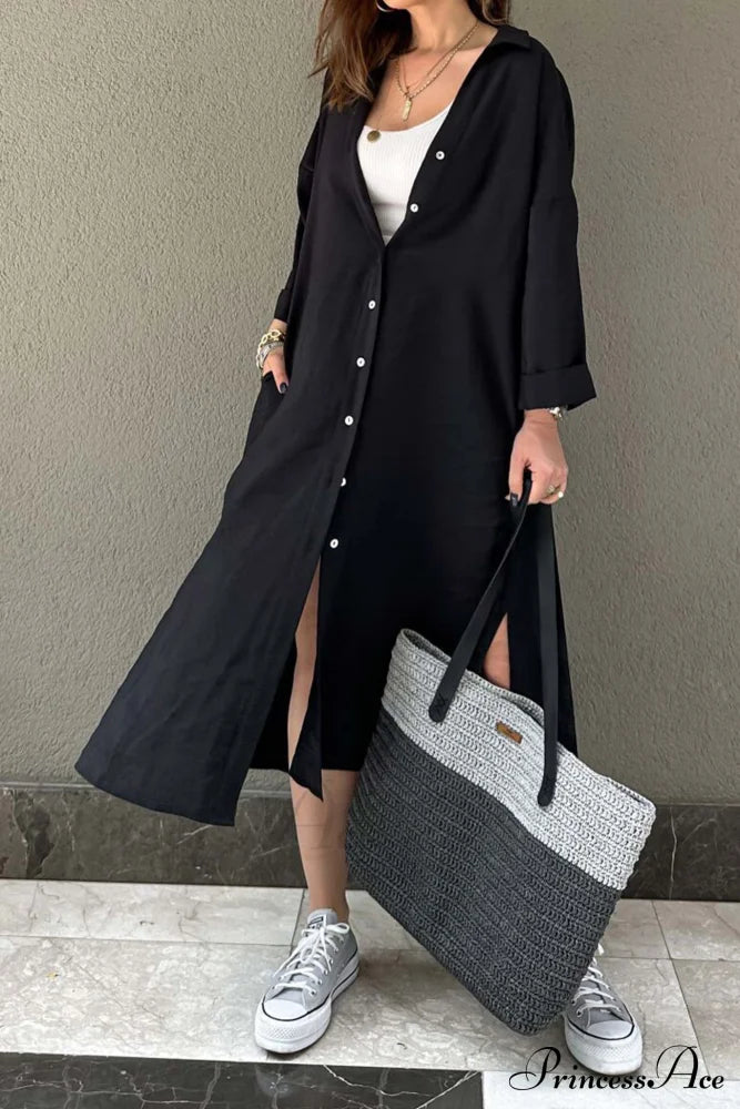 Single-Breasted Slit Shirt Dress In Solid Color Midi Dresses