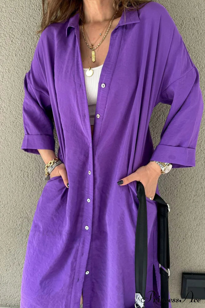 Single-Breasted Slit Shirt Dress In Solid Color Midi Dresses