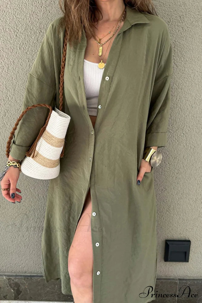 Single-Breasted Slit Shirt Dress In Solid Color Midi Dresses