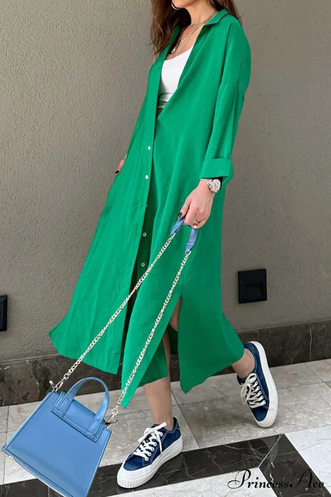 Single-Breasted Slit Shirt Dress In Solid Color Midi Dresses