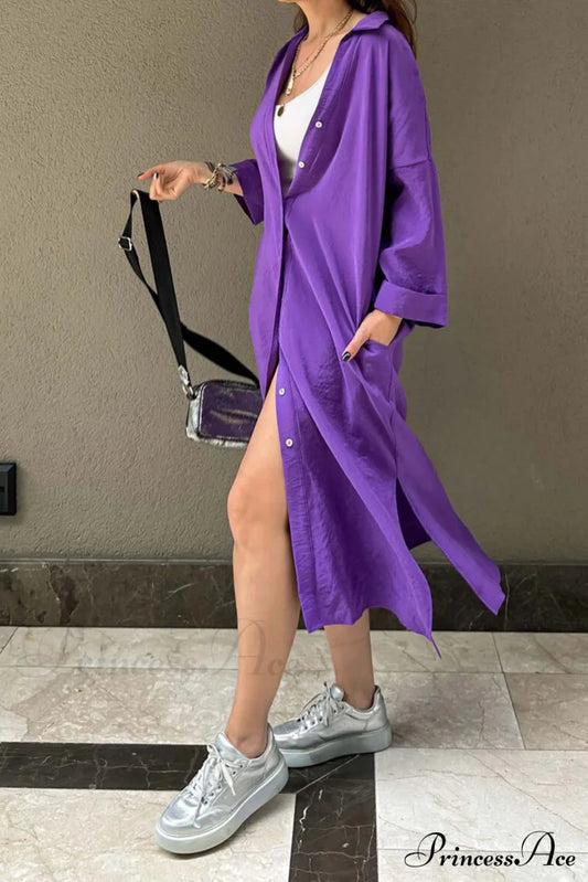 Single-Breasted Slit Shirt Dress In Solid Color Purple / L Midi Dresses