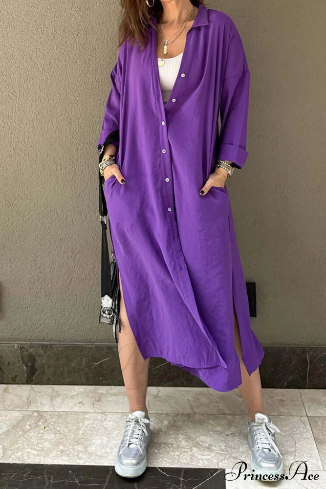 Single-Breasted Slit Shirt Dress In Solid Color Purple / M Midi Dresses