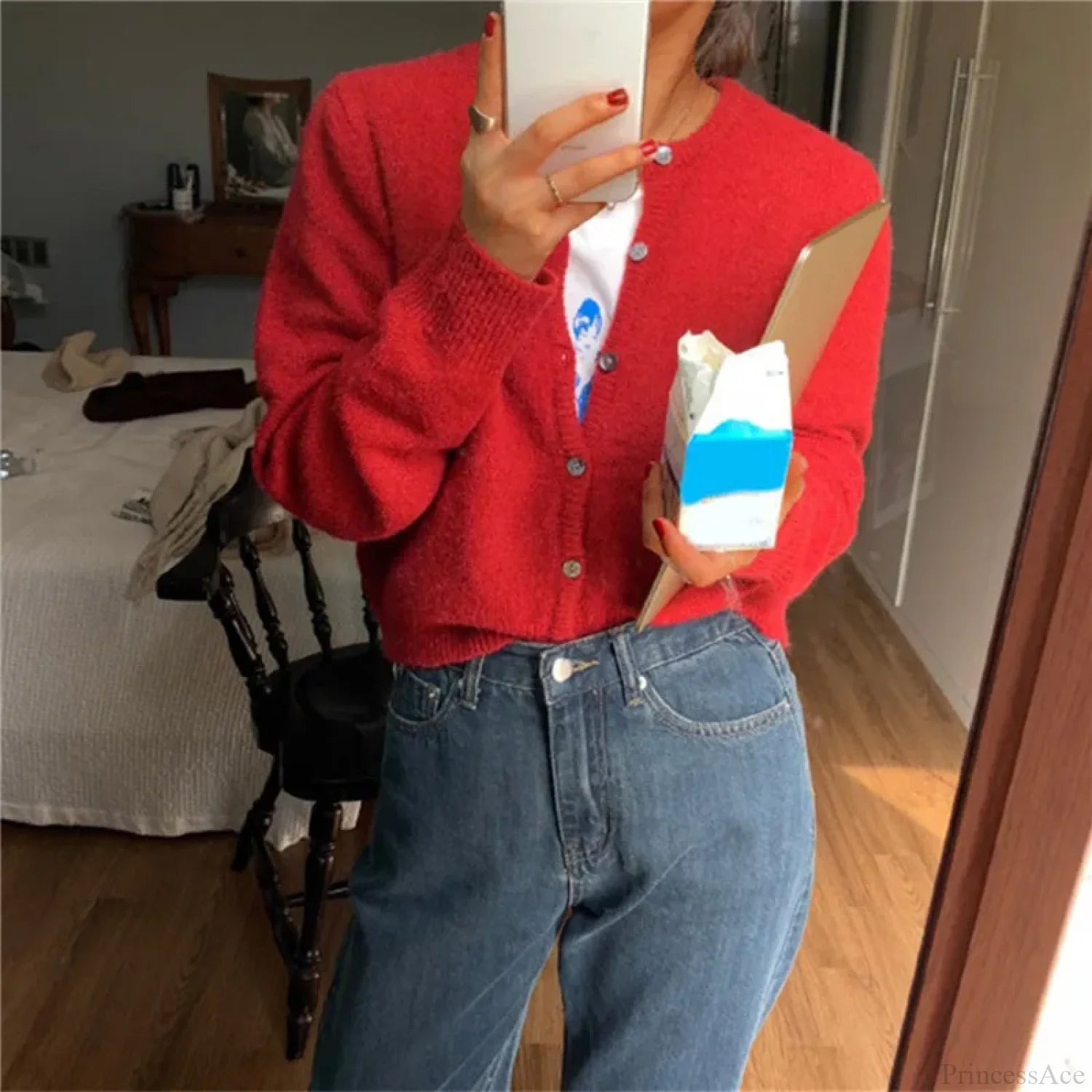 Single Breasted Solid Round Neck Knitted Cardigan Red / One Size cardiagn-250126