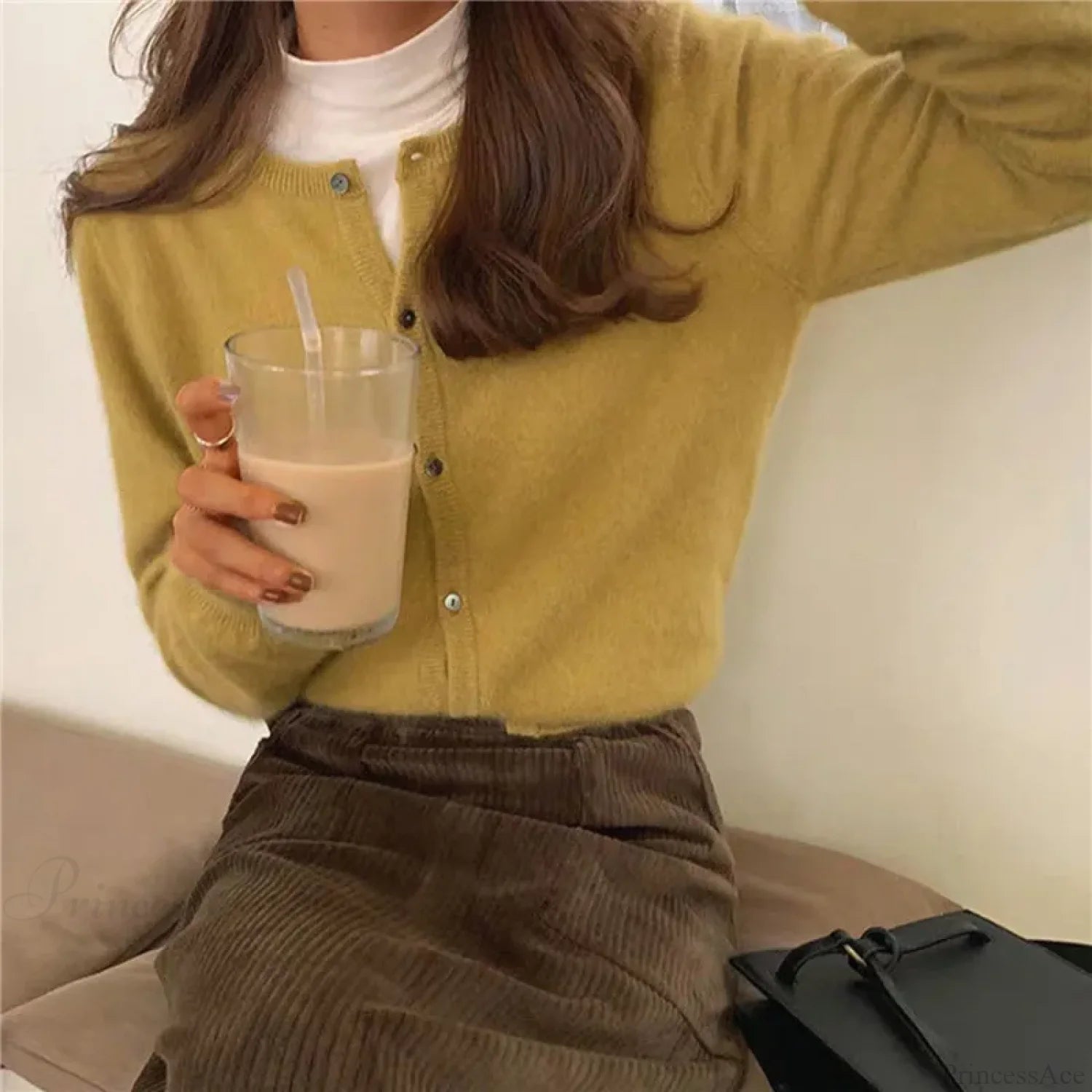 Single Breasted Solid Round Neck Knitted Cardigan Yellow / One Size cardiagn-250126