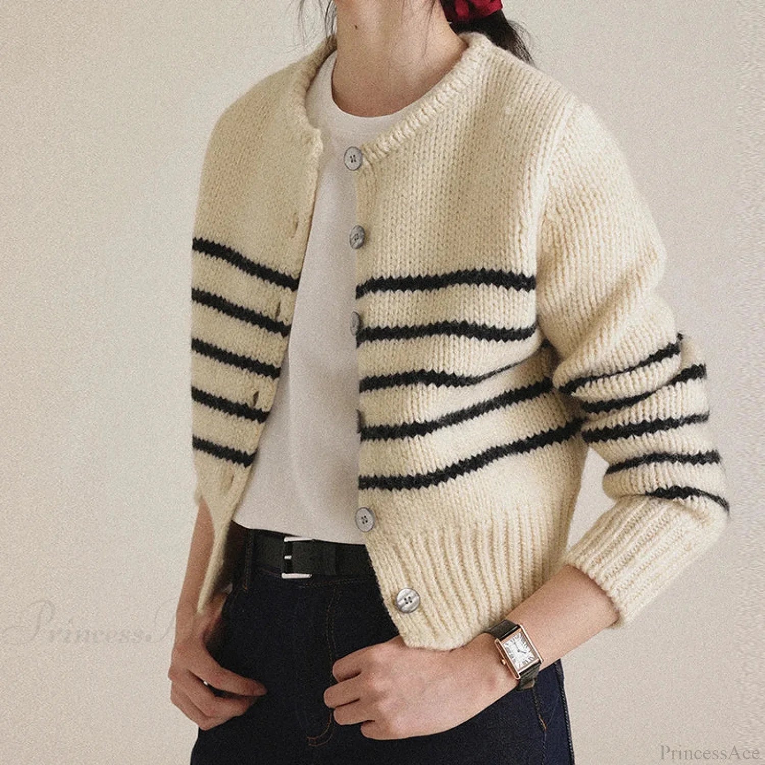 Single-breasted Striped Knit Cardigan BLACK / One Size