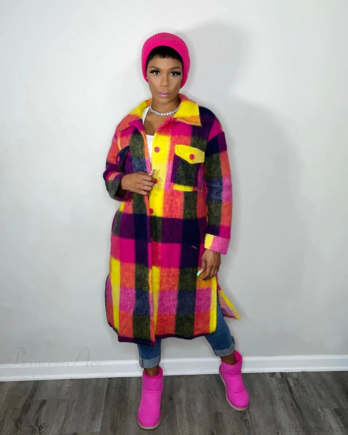 Single For Turn-Down Breasted Outcoat Neck Long Arm Wool Blend Plaid Women