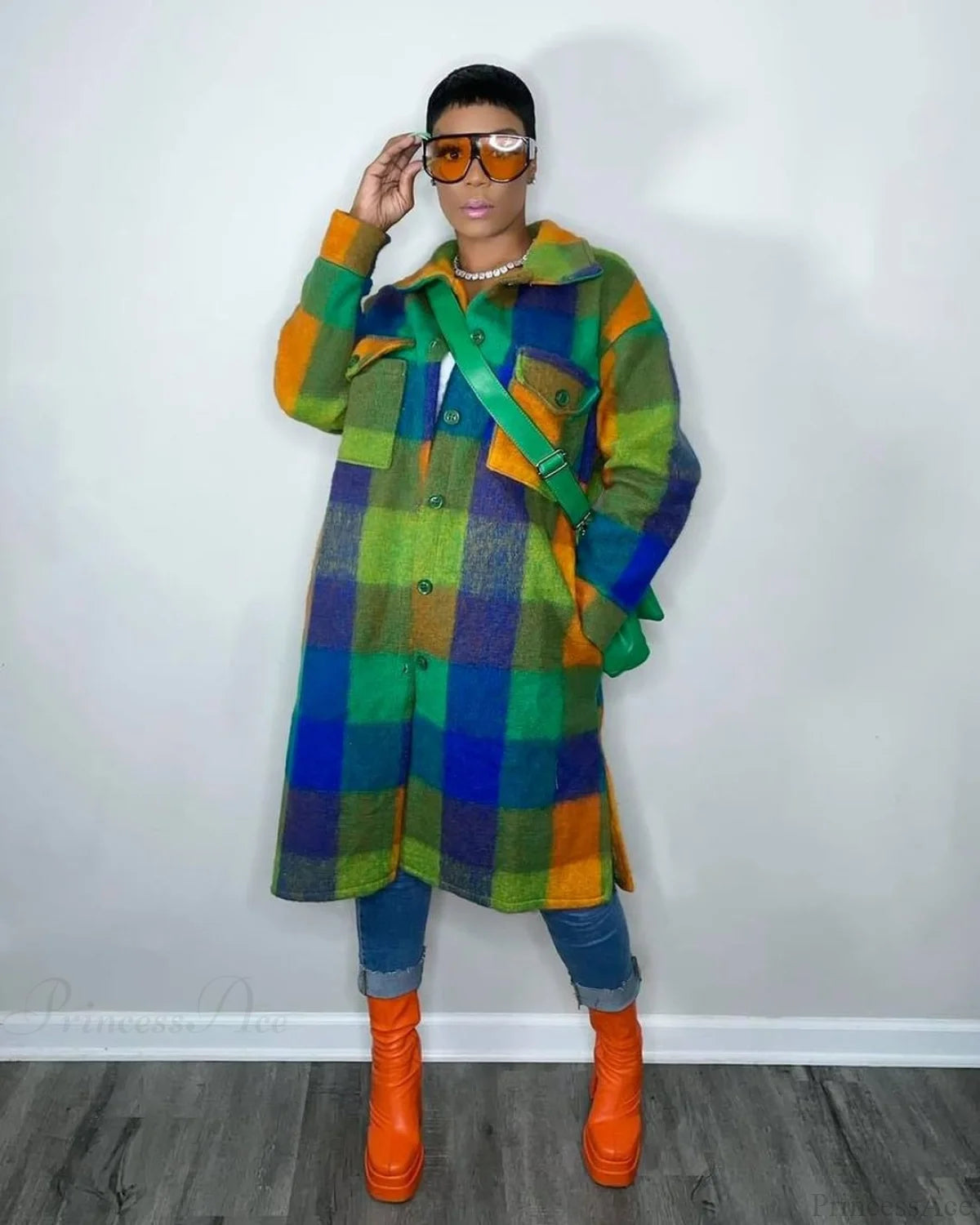 Single For Turn-Down Breasted Outcoat Neck Long Arm Wool Blend Plaid Women Green / S