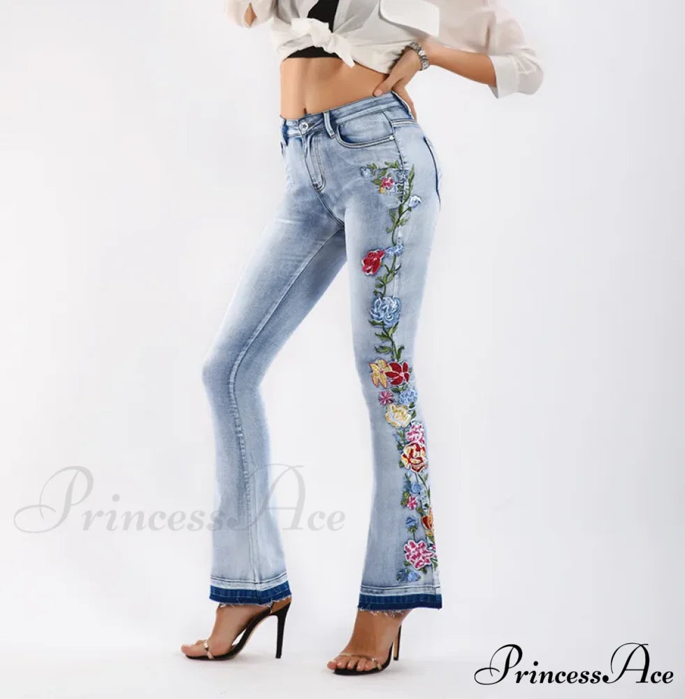 Size S-4Xl Elastic Flower Embroidered Flare Womens Retro Style Bell Bottom Skinny Autumn Denim