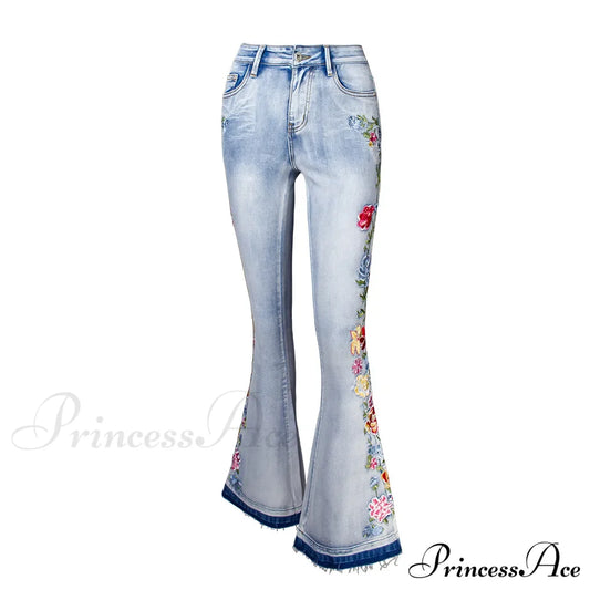 Size S-4Xl Elastic Flower Embroidered Flare Womens Retro Style Bell Bottom Skinny Autumn Denim