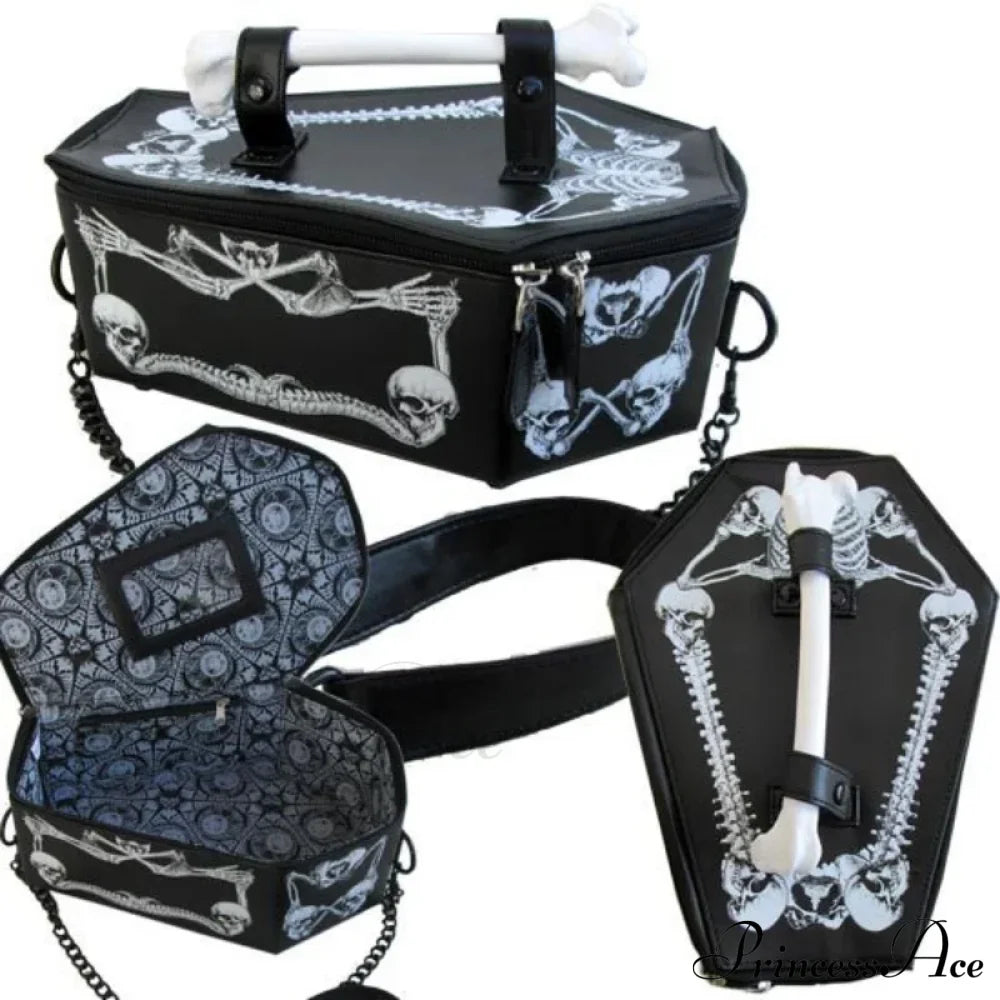 Skeleton Coffin Gothic Bat Black Pu Leather Crossbody Bag Halloween