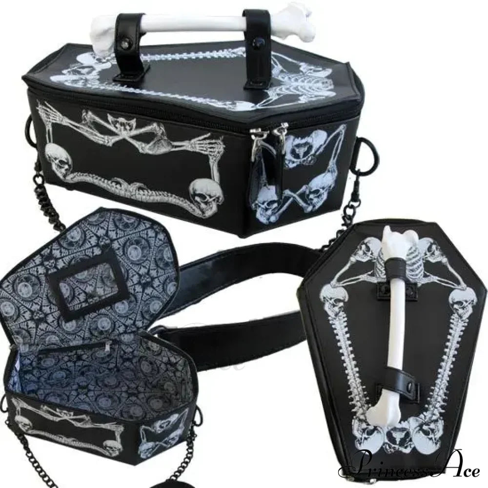 Skeleton Coffin Gothic Bat Black Pu Leather Crossbody Bag White Halloween