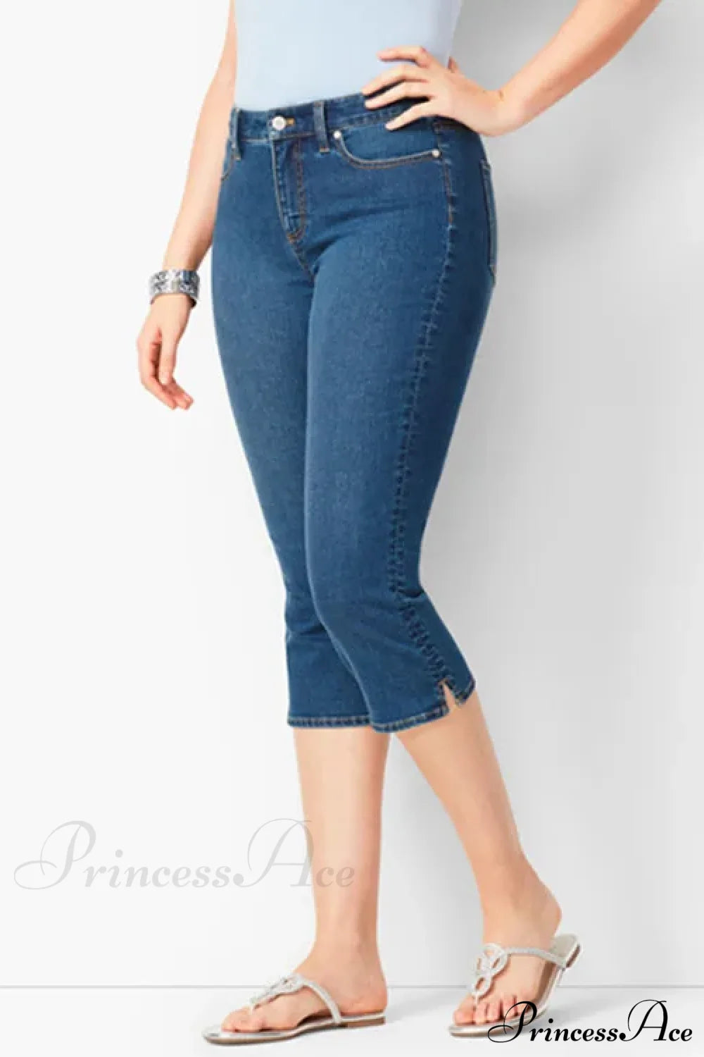 Skinny Knee Length Woman’s Cropped Trousers Women Elastic High Waist Mom Oversize Blue Denim