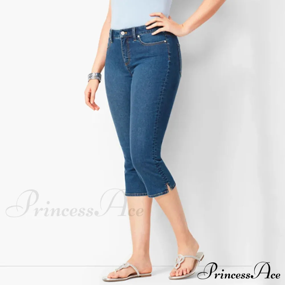 Skinny Knee Length Woman’s Cropped Trousers Women Elastic High Waist Mom Oversize Blue Denim