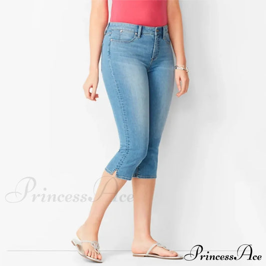 Skinny Knee Length Woman’s Cropped Trousers Women Elastic High Waist Mom Oversize Blue Denim