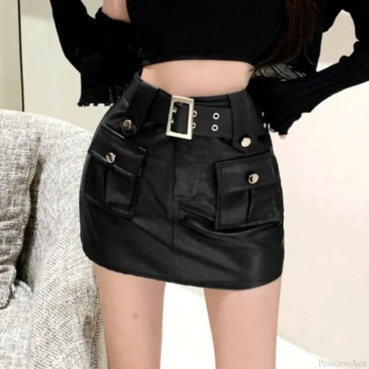 Skinny Pocket Wrap PU Skirt Black / S skirts-250223