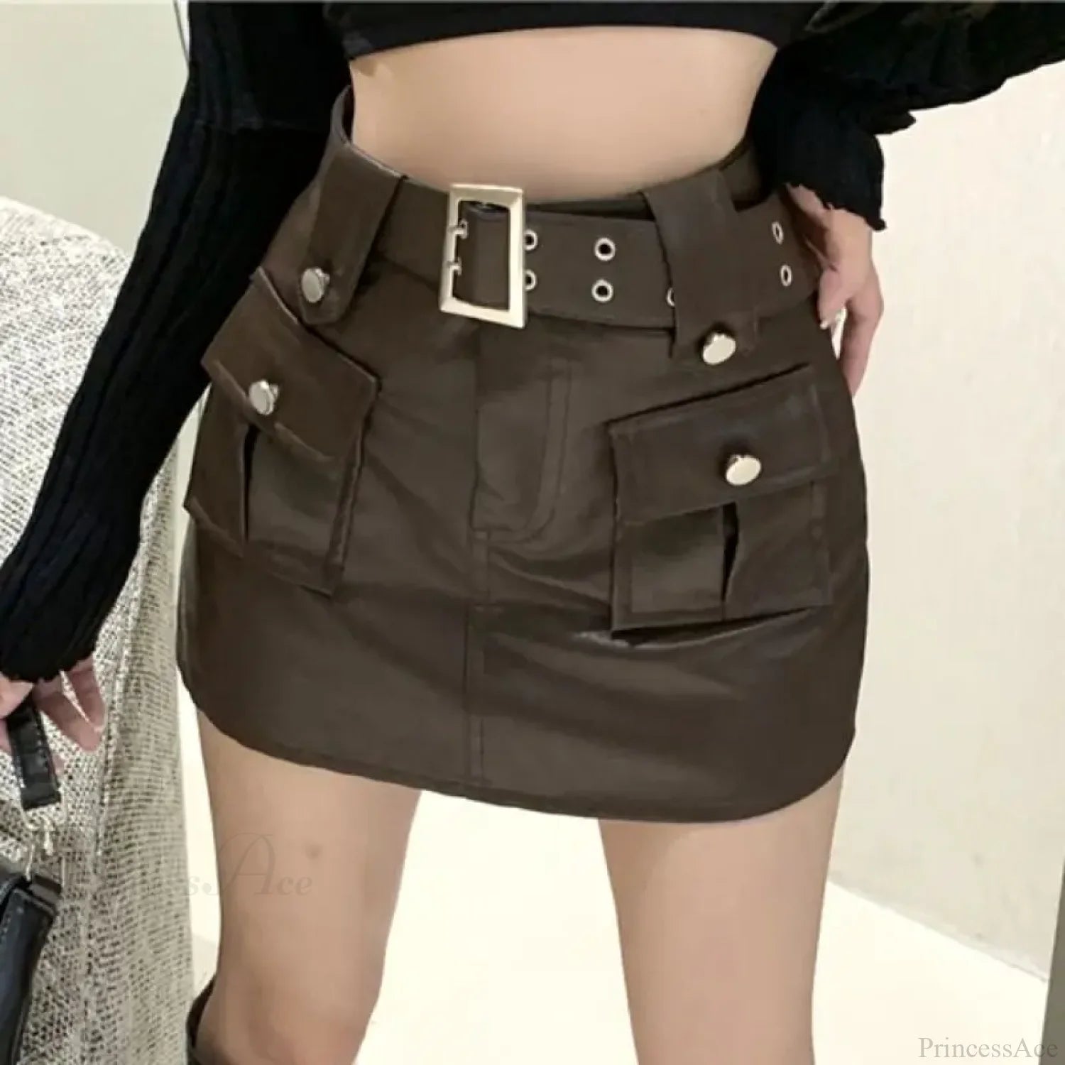 Skinny Pocket Wrap PU Skirt Brown / S skirts-250223