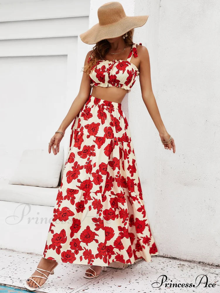 Skirt Tie Tiered Top With Full-Length Flowered Shoulder Set