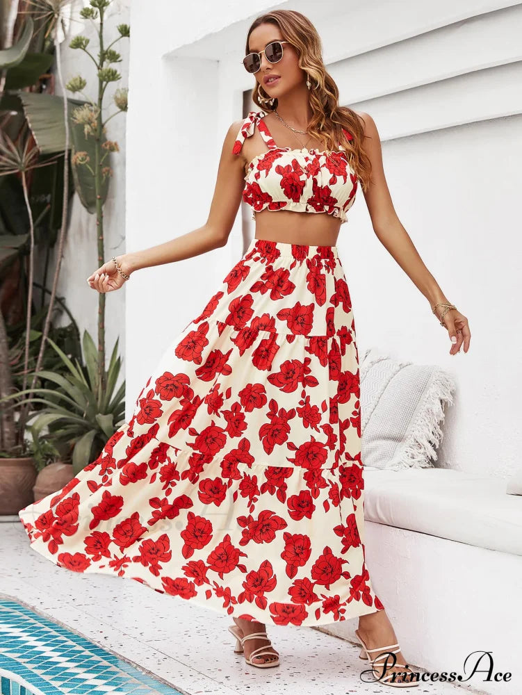 Skirt Tie Tiered Top With Full-Length Flowered Shoulder Set