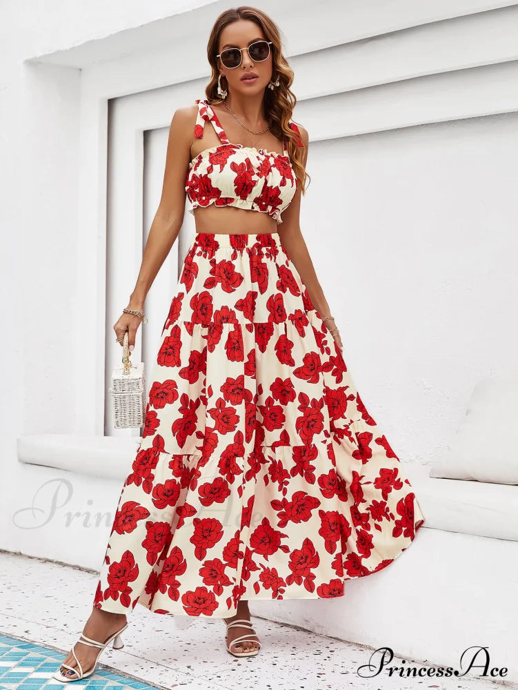 Floral Tie Shoulder Top and Tiered Maxi Skirt Set Deep Red clothes crop top croptop Hanny sets Ship From Overseas Shipping Delay 09/29/2023 - 10/04/2023 skirts trend