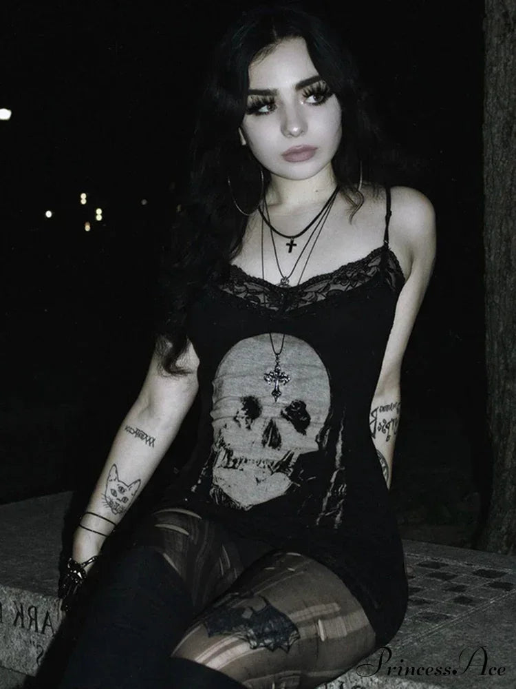 Skull Print Club Party Cami Mini Harajuku Emo Grunge Punk Backless Lace Trim Dress Halloween