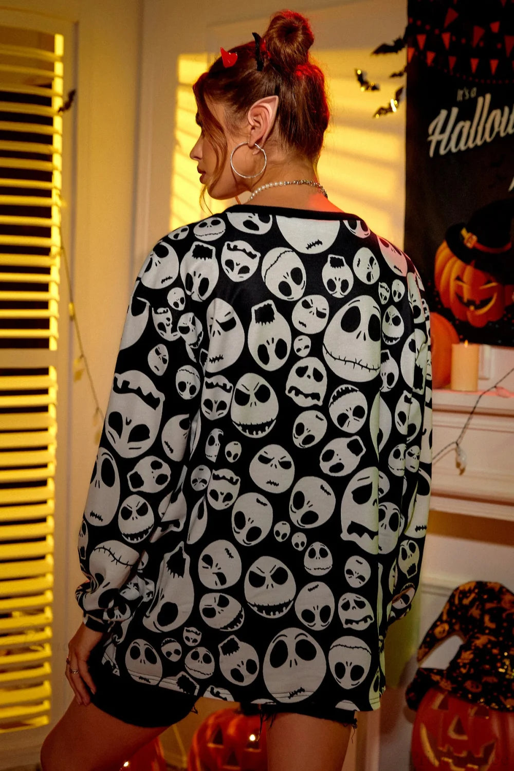 Skull Print Loose Pullover Hoodie