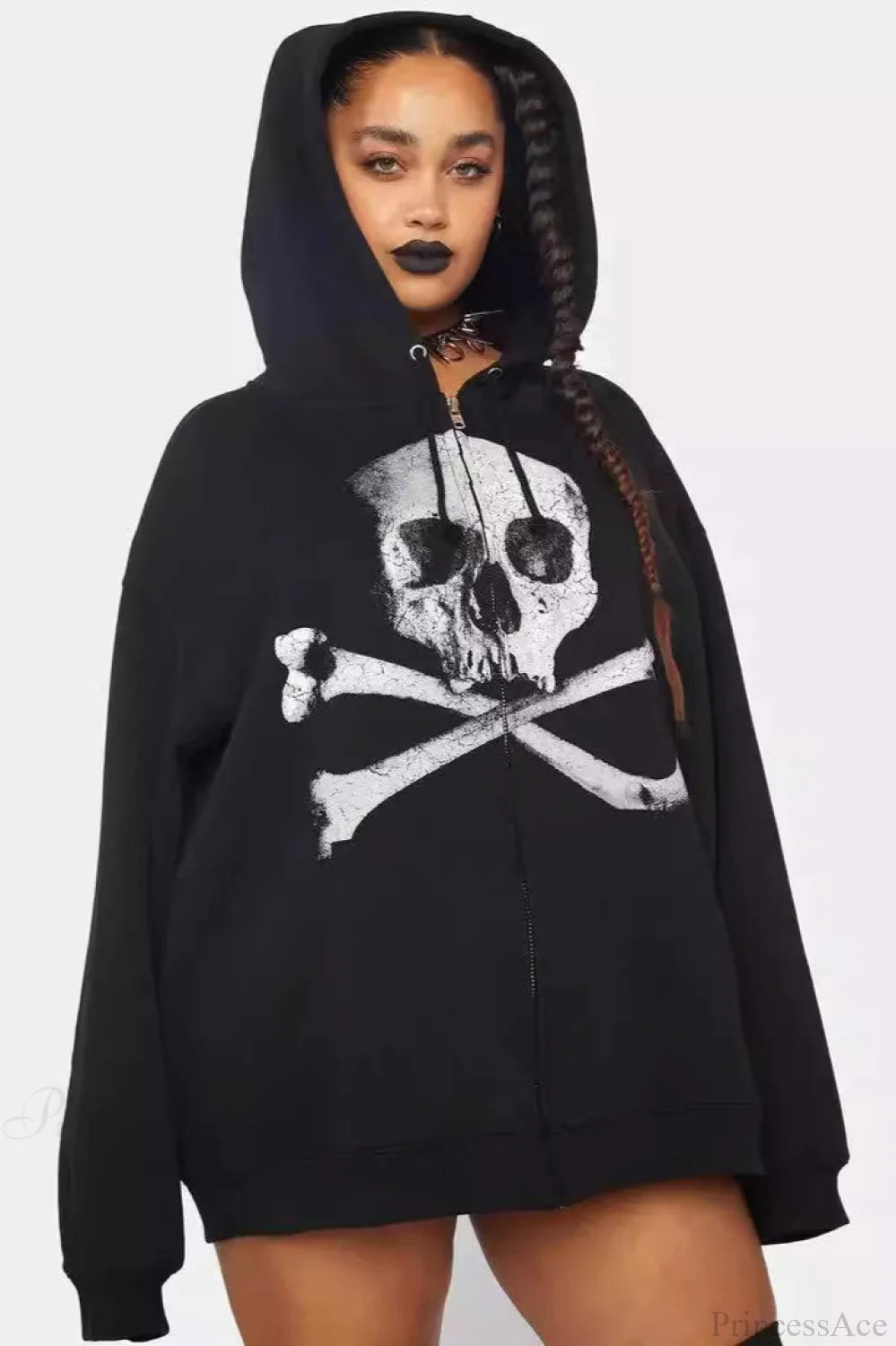 Skull Print Zip Up Hoodie