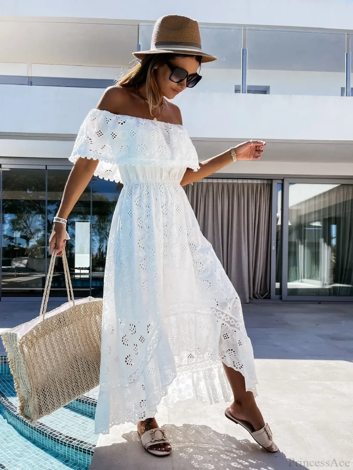 Slash Neck Embroidery Lace Hollow Out Maxi White Boho Dress bohodress-250126