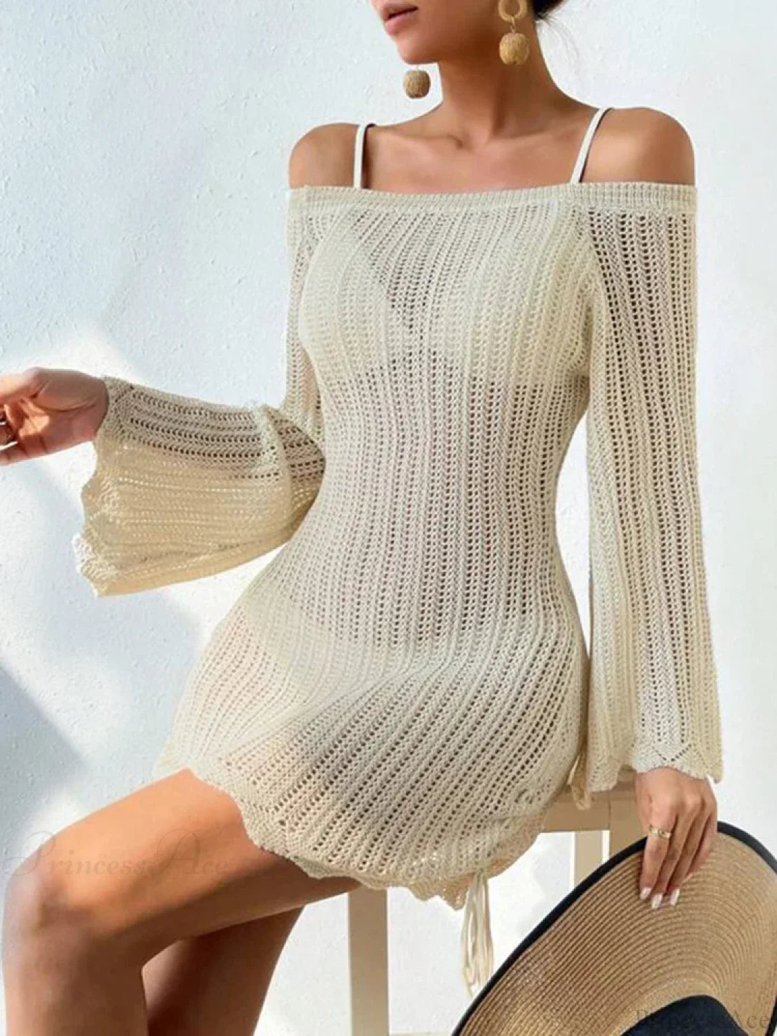 Slash Neck Hollow Out Long Sleeve Cover Up