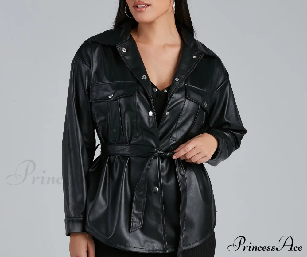 Sleek Trends Faux Leather Tie-Waist Shirt Jacket Casual Woven Jackets