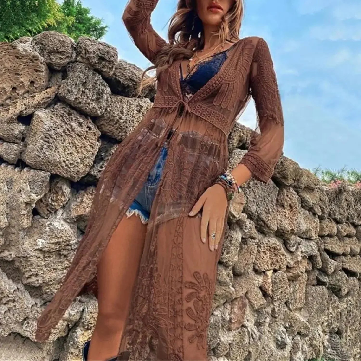 Sleeve Lace-up Embroidery Bikini Cover Up Coffee / One Size