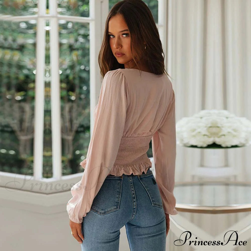 Sleeve Ruffle Pleated Top Blouse Pink / S