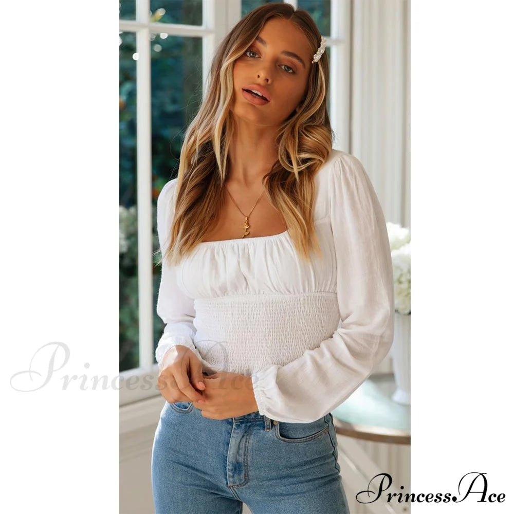 Sleeve Ruffle Pleated Top Blouse White / S