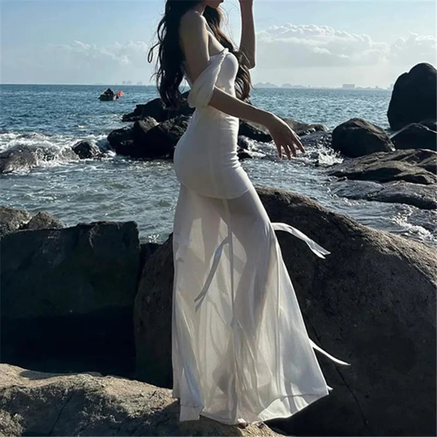 Sleeveless Cloaked Ribbon Net Full-Length Gown