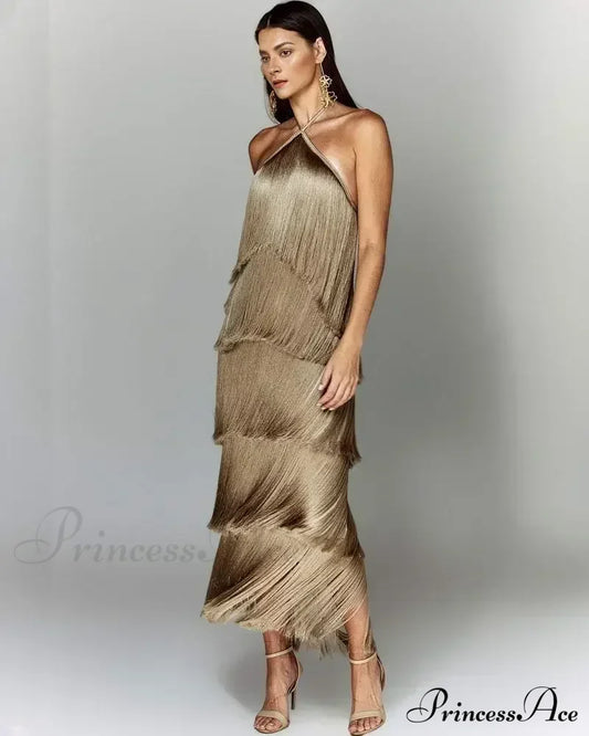 Sleeveless Halter Split Party Dress Camel / S Partydress-241208