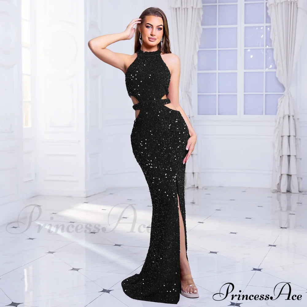 Sleeveless Hollow Out Sequined Party Dress Black / S Partydress-241208