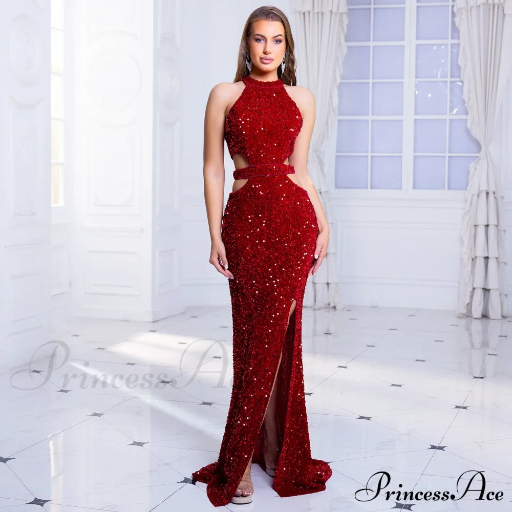 Sleeveless Hollow Out Sequined Party Dress Red / S Partydress-241208