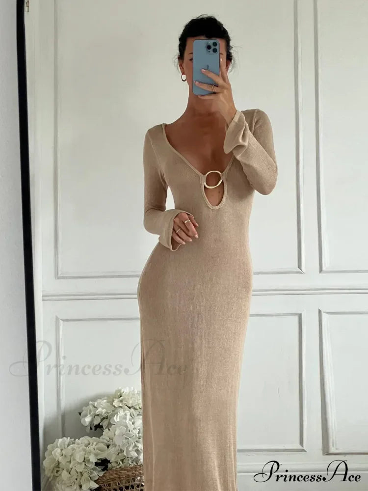 Sleeveless Knitted Tank Maxi Dress Khaki / S