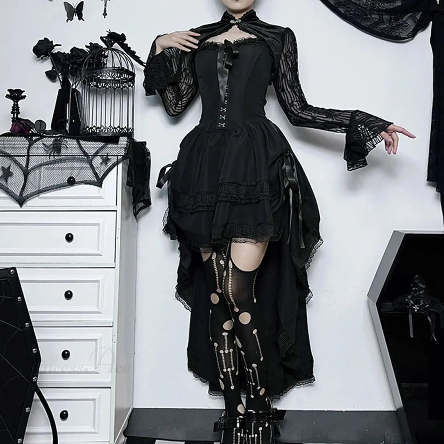 Sleeveless Lace Tuxedo High Low Midi Dress Black / S