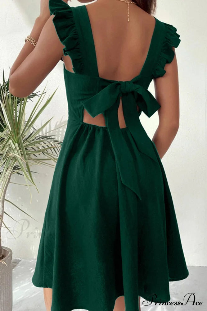 Sleeveless Mini Dress With Ruffle Detail And Tie-Back Dark Green / M Dresses