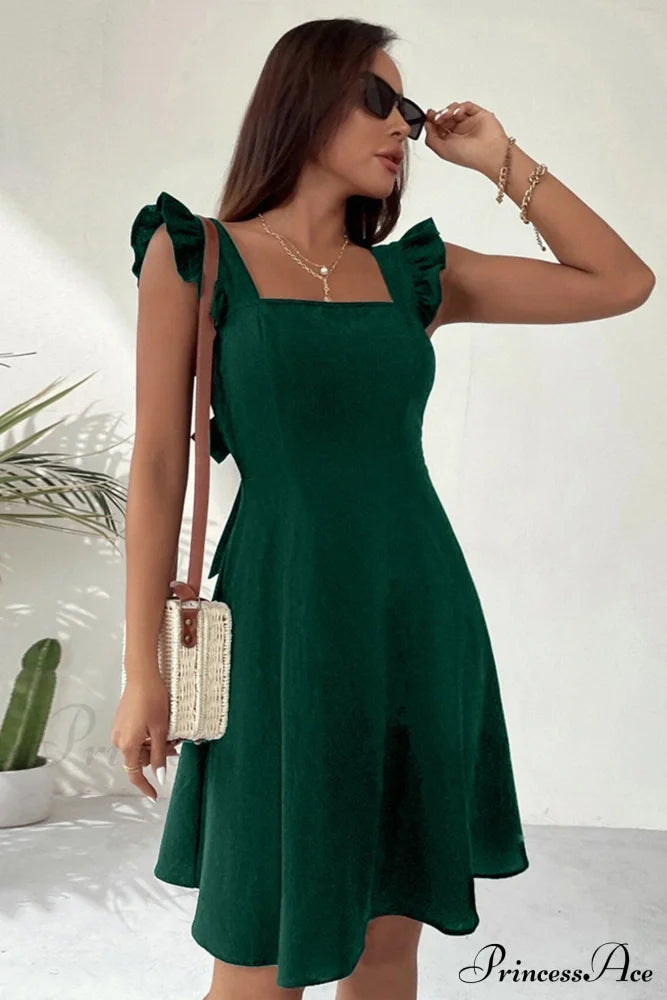 Sleeveless Mini Dress With Ruffle Detail And Tie-Back Dark Green / S Dresses