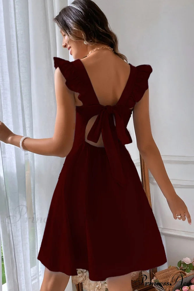 Sleeveless Mini Dress With Ruffle Detail And Tie-Back Wine Red / M Dresses