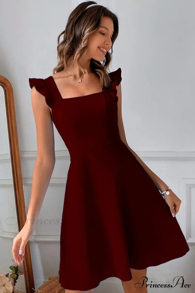 Sleeveless Mini Dress With Ruffle Detail And Tie-Back Wine Red / Xs Dresses