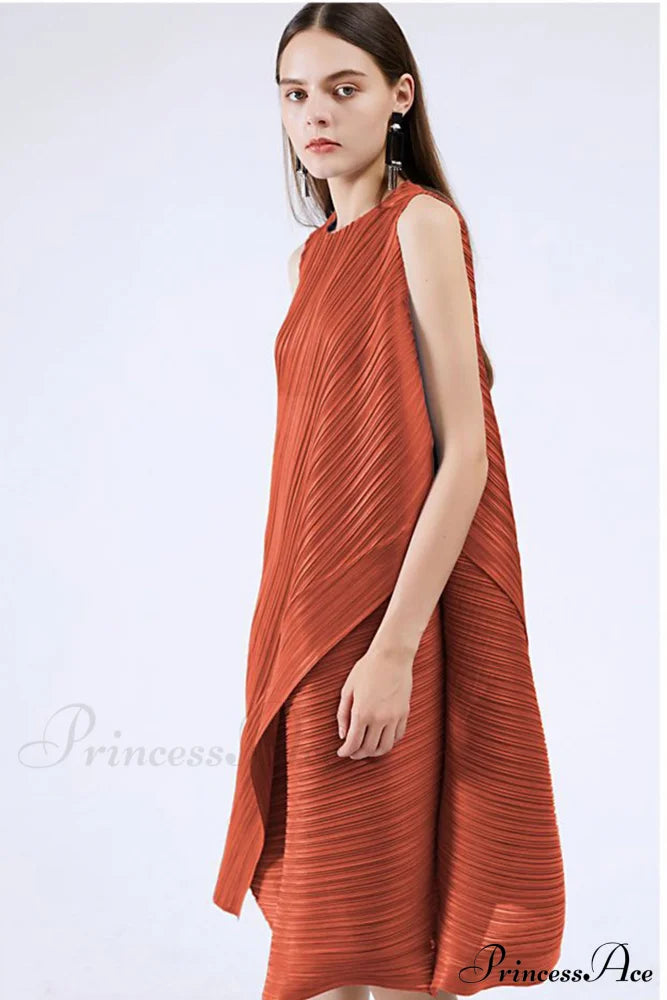 Sleeveless Pleated Midi Dress With Irregular Hem Brick Red / One Size Dresses